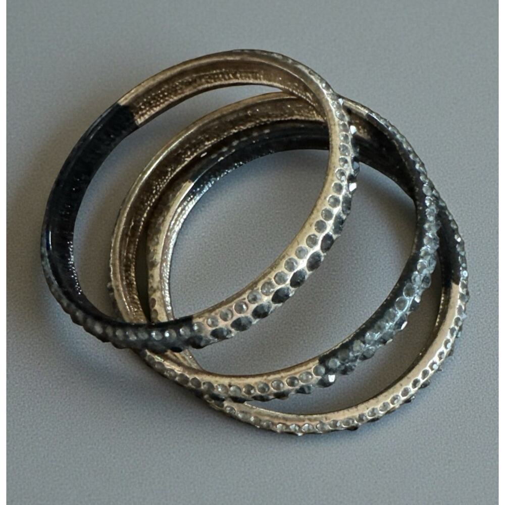 Black Gold Tone Rhinestone Bangle Set Stackable Multi Layer
